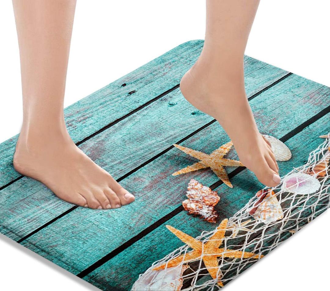 Britimes Bath Mat for Bathroom, Beach Seashells Starfish Sand Washable Cover Floor Rug Carpets Floor Mat Bathroom Decorations 20x32 Inches for Kitchen Bedroom Indoor