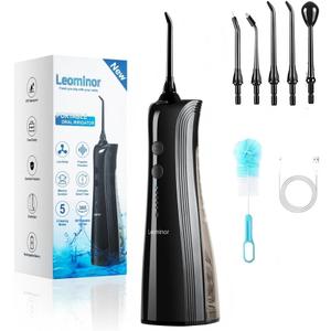Leominor Water Dental Flosser - 5 Modes Cordless Portable Oral Irrigator, IPX7 Waterproof, Rechargeable Teeth Cleaner Upgrade Datchable Tank Professional Flossing Cleaning Pick for Home Travel (Black) (230ml)