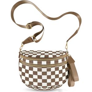 Checkered Crossbody Bags for Women, Large Nylon Bum Bags Plus Size Fanny Pack Sling Bag Belt Bag for Women Travel, Caramel Checkered