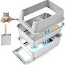 Bartuke Stainless Steel Litter Box, 23.6" L x 15.7" W Drawer Type Semi-Enclosed Cat Litter Box with Sifting Pan, Scoop for Big Cat Easy Cleaning