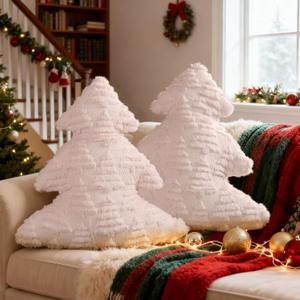 Lanpn Christmas Tree Pillows Set of 2, Tree Christmas Decoration Winter Soft Cute Xmas Tree Shaped Throw Cushion for Bedroom Couch Sofa Xmas Decor (18x16 inch, Beige)