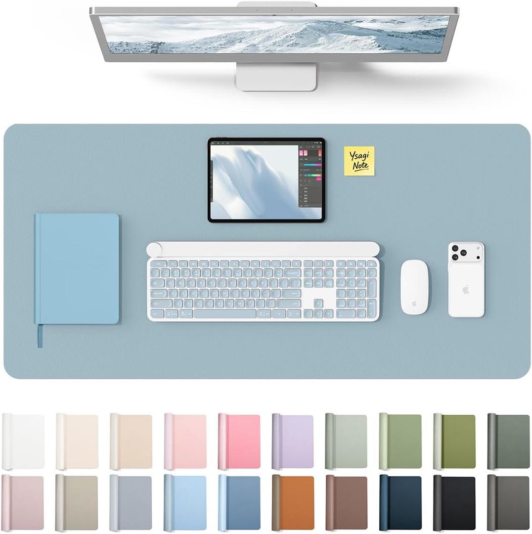 YSAGi Leather Desk Protector, Office Mat, Large Mouse Mat, Non-Slip PU Leather Blotter, Laptop Desk Pad, Waterproof Writing Pad for Office and Home (Ice Blue, 31.5" x 15.8")
