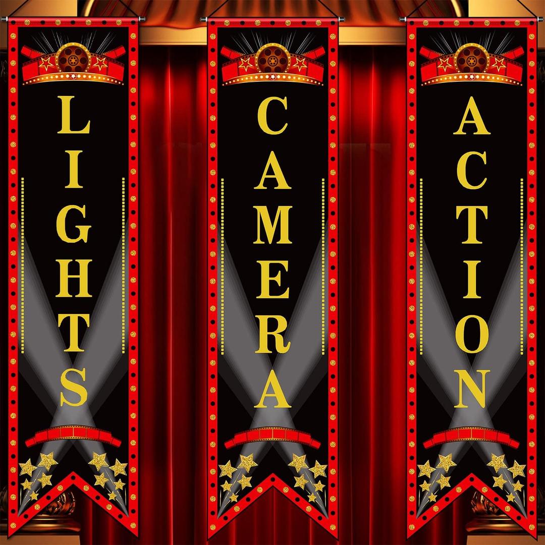Tegeme Movie Night Porch Sign Banner Movie Theme Party Decorations Theater Welcome Now Showing Lights Camera Action Hanging Porch Sign for Home Film Backdrop Party Supplies (Delicate,Red and Black)