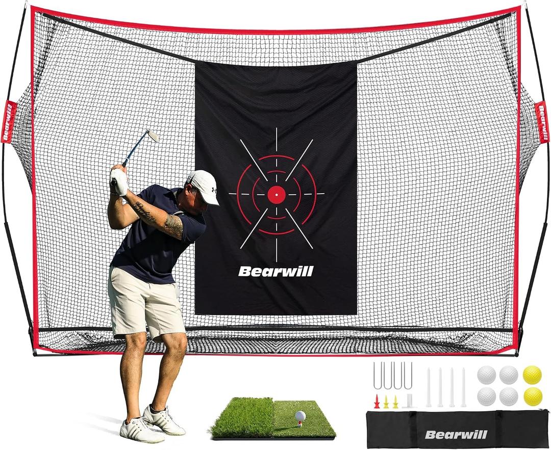 Bearwill Golf Net, 10x7ft Heavy Duty Golf Practice Nets with Mat, Target Cloth, 8 Tees, 6 Balls, Carry Bag for Backyard Driving Chipping Indoor Outdoor Training
