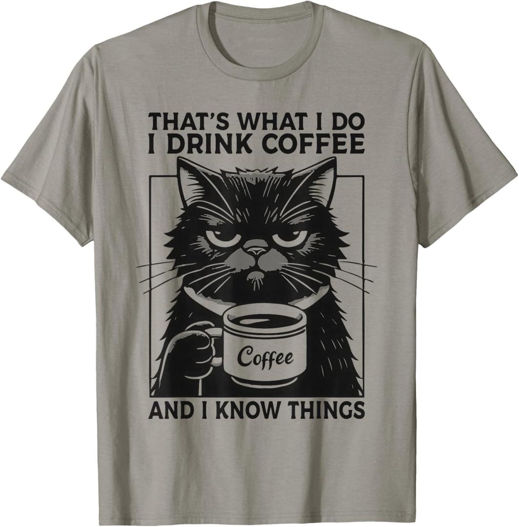 Funny Coffee Gifts Morning Grumpy Coffee Mug Tired Cat T-Shirt (Gray, L)