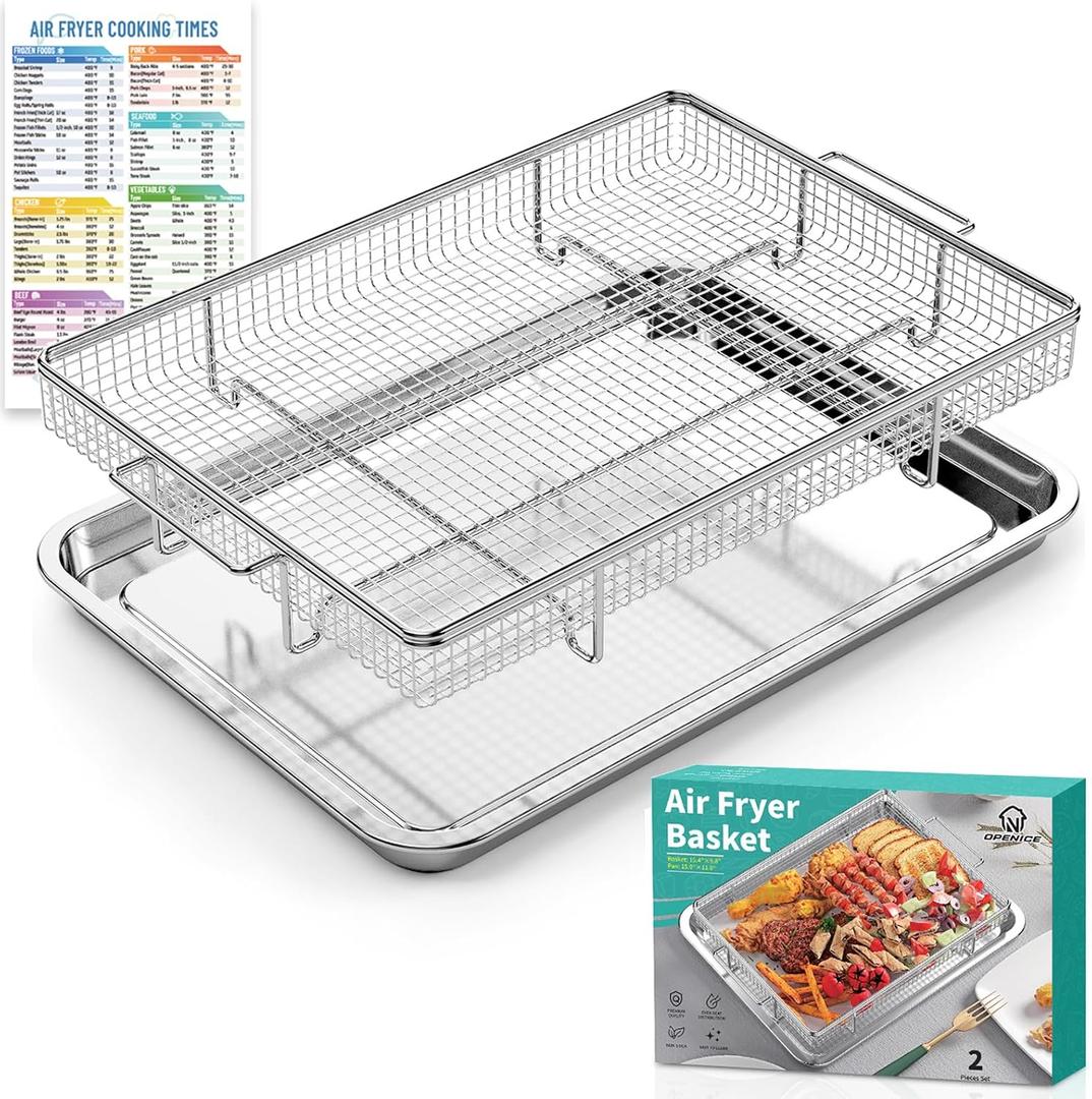 Air Fryer Basket for Oven, 25% Thicker, OPENICE 15.4"11.0" Oven Air Fryer Basket and Tray Set with Magnetic Cheat Sheet, 2 Pieces Crisping Tray and Pans for Grilling Frying Baking