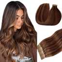 Tape in Hair Extensions Human Hair for Women Real Human Hair Tape in Medium Brown with Medium Auburn Highlights Silky Straight Tape in Hair Extensions 16inch 20pcs 30g