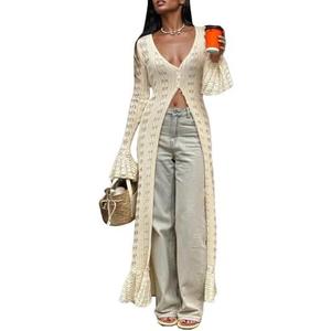 Unybwonn Long Cardigans for Women Crochet Hollow Out Knit Sweater Cover up Maxi Dress Long Sleeve Button Down Cardigan L
