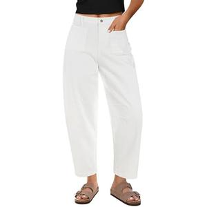 GRAPENT Barrel Jeans for Women Trendy Cropped High Waisted Patch Pocket Baggy Stretch Denim Pants Casual Wide Leg Jeans (Size M, White)