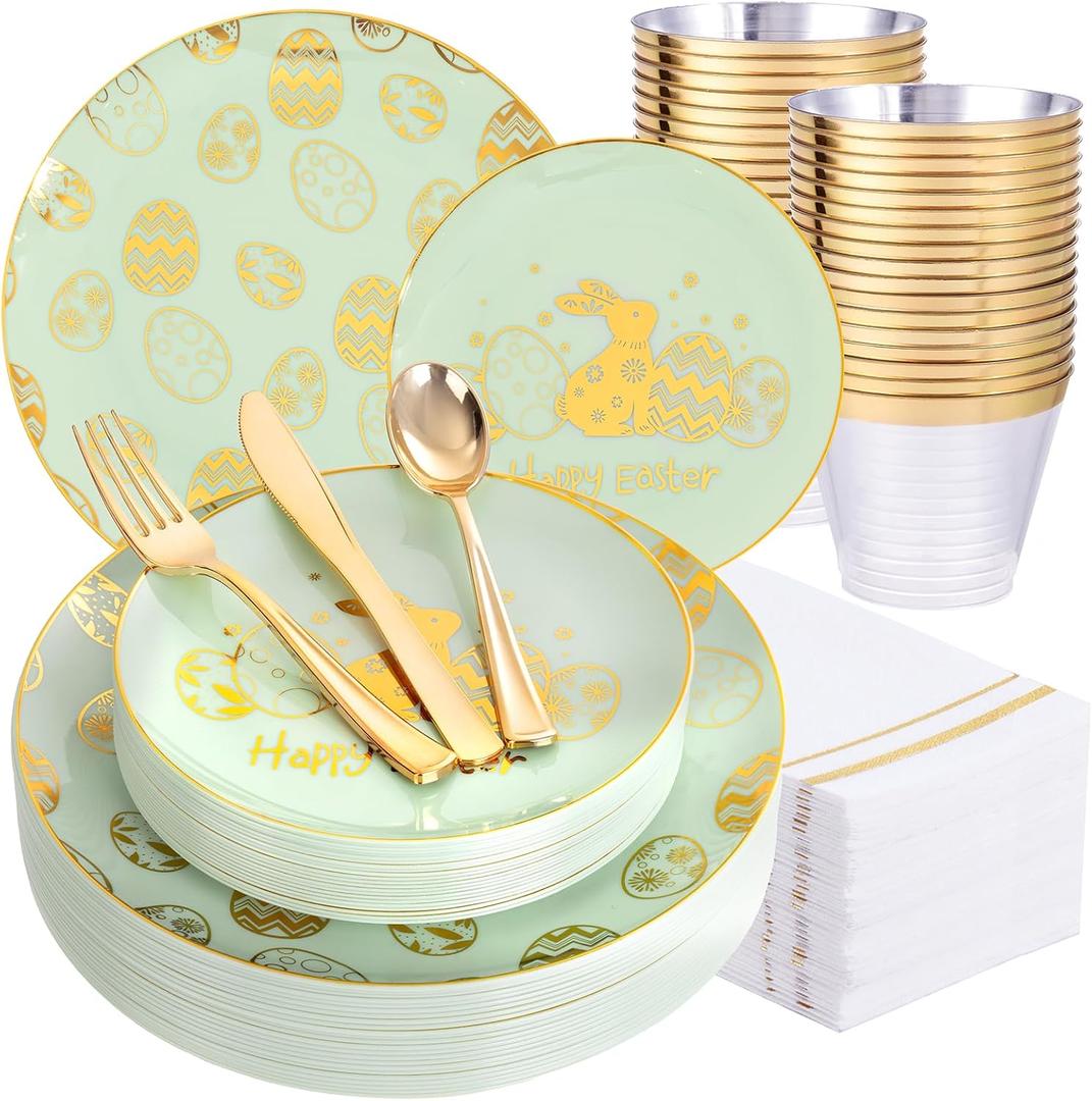 Festiva 175Pcs Easter Plates and Napkins Disposable - Green and Gold Plastic Dinnerware Set for 50 guests include 50 Plates 25Cups 25Plastic Silverware 25Napkins Perfect for Easter Party (Bunny)