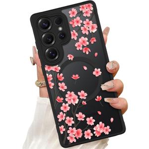ZIYE Magnetic Case for Samsung Galaxy S25 Ultra 6.9 Inch [Compatible with MagSafe] Hard PC and Soft TPU Case with Cherry Blossom Pink Floral Anti-Scratch Shockproof Protection Phone Cover for Women