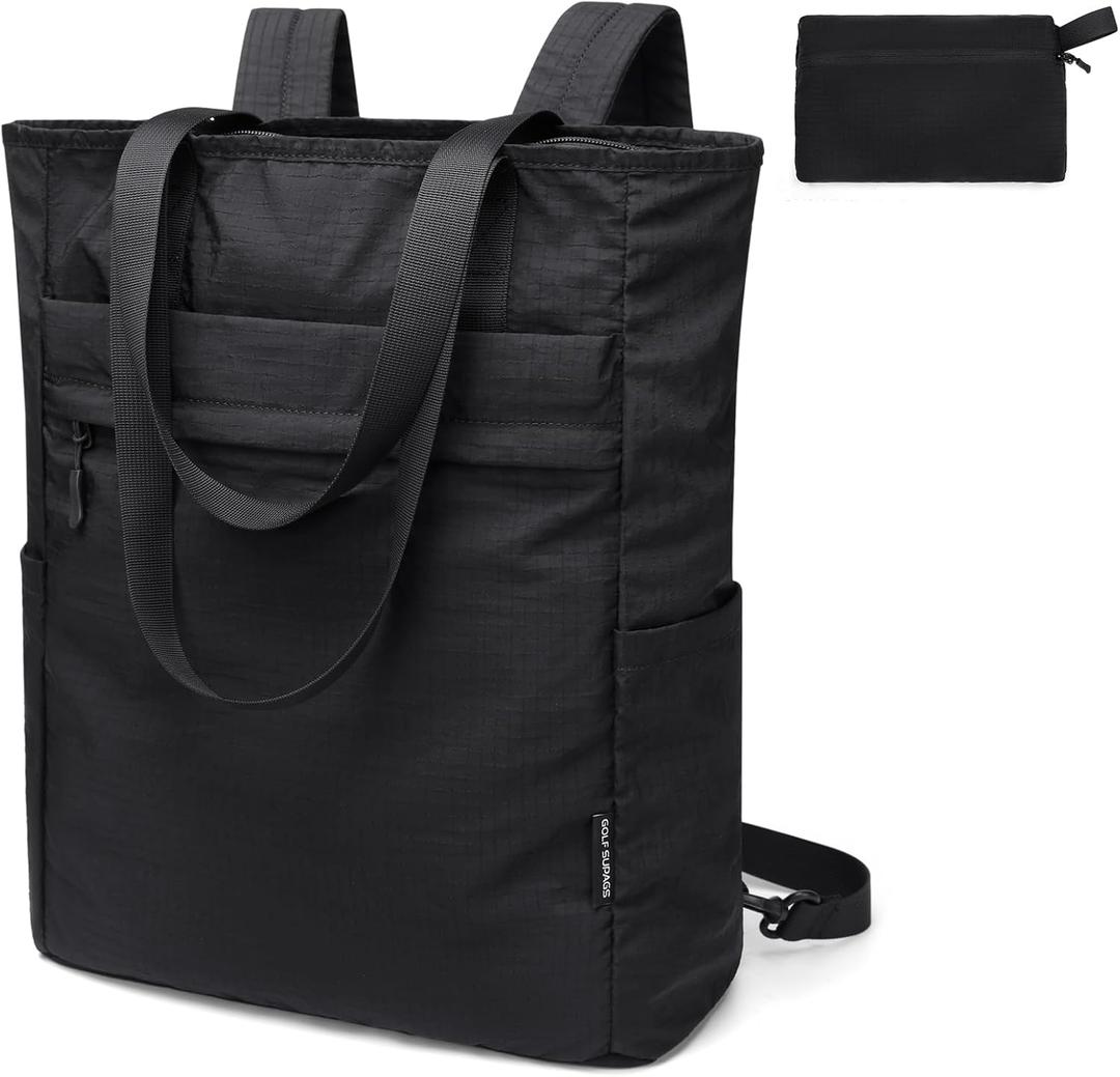 GOLF SUPAGS Foldaway Convertible Tote Backpack Lightweight Nylon Daypack Women Men City Pack Versatile Backpack Leisure, Black