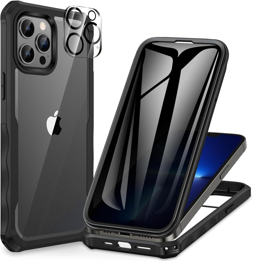CENHUFO Privacy for iPhone 13 Pro Case, Full Body Phone Case with Built-in 9H Tempered Glass Privacy Screen Protector and Camera Lens Protector, Anti Peep Shockproof Bumper Clear Cover - Black