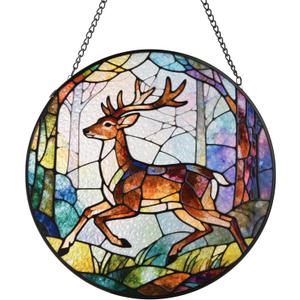 Stained Glass Window Hanging, Deer Circular Sun Catcher Ornament with Chain & Suction Cup, Suncatcher for Garden Door Home Decor, Birthday Gifts for Women Men Mom 7.8 in