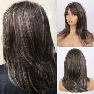 Brown Layered Wig with Balayage Highlight Gray with Bangs for Women, 16inch Layered Wavy Wigs White to Brown Highlights for Black Women Synthetic Wig for Daily Use