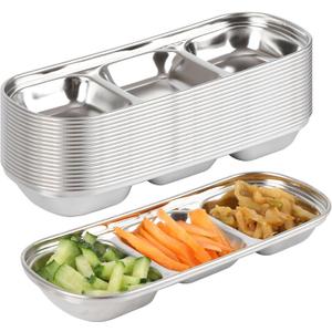 18 Pcs Soy Sauce Dishes, Stainless Steel Divided Dip Bowls, Korean 3-Compartment Sauce Plates for Home Restaurant BBQ, Vinegar, Spices, Ketchup, Salt, Sugar, and Flavors