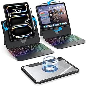 BLOSOMEET Magnetic iPad Pro 11 Inch (M5 2025 / M4 2024) Case with Keyboard, Clear Splitfolio Detachable Cover, Up-Down Liftable, Adjustable Stand, 7-Color Backlit, Multi-Touch Trackpad, Black
