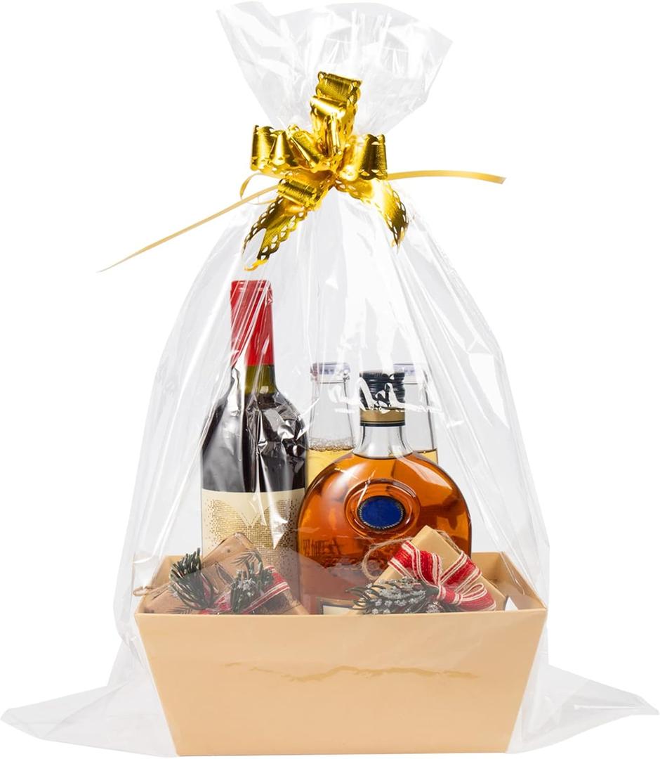 MADHOLLY 6 Set Baskets for Gifts Empty - Sturdy Kraft Gift Basket Kit, with Cellophane Wrap and Pull Bows, for Valentine's Day Housewarming Wedding Birthday Party Gift Wrapping, Natural Wood Tone