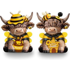 Karenhi 2 Pcs Bee Highland Cow Figurines, Bee Costume Resin Honey Cow Gnomes Scottish Resin Statue Calf Lovers Gifts for Spring Home Garden Kitchen Office Tiered Tray Table Decor