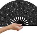 13'' Big Hand Fan Boots on The Ground Fan Clacking Fans for Line Dancing Where Them Fans at Clack Fan Folding Hand Fans for EDM, Festival,Club, Rave,Party, Dance Accessories (Glitter Black)