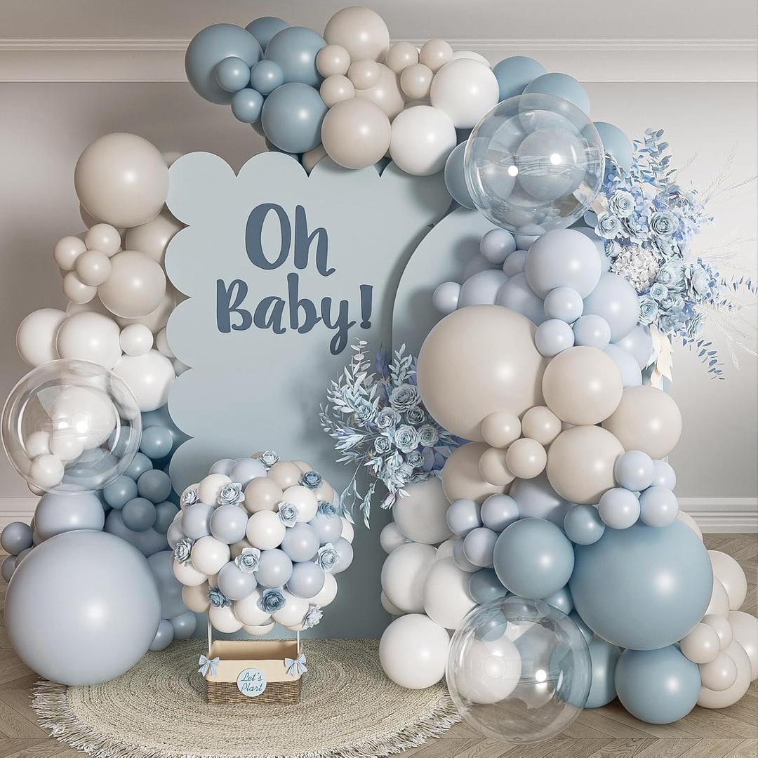 Dusty Blue Balloons Garland Arch Kit 139Pcs Fog Blue White Sand Balloons for Baby Shower Birthday Bear Theme Wedding Bride Anniversary Gender Reveal Party Decorations for Boy Girl Adult