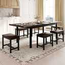 Feonase 7-Piece Dining Table Set with 6 Stools, 63 Inch Extendable Kitchen Table for 4-8, Kitchen Room Set with MDF Board & Metal Frame, Farmhouse Table, Space-Saving, Espresso