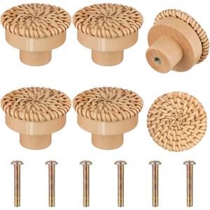 Blulu Boho Rattan Dresser Knobs Round Wooden Drawer Knobs Handmade Wicker Woven and Screws for Boho Furniture Cabinets Dresser Handles Hardware Pulls(Natural,6 Knobs and 6 Screws)