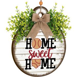Home Sweet Home Baseball Decor Baseball Wreaths for Front Door Wooden Sport Door Sign with Bow and Leaves Welcome Hanging Hanger for Farmhouse Porch Indoor Outdoor Decorations