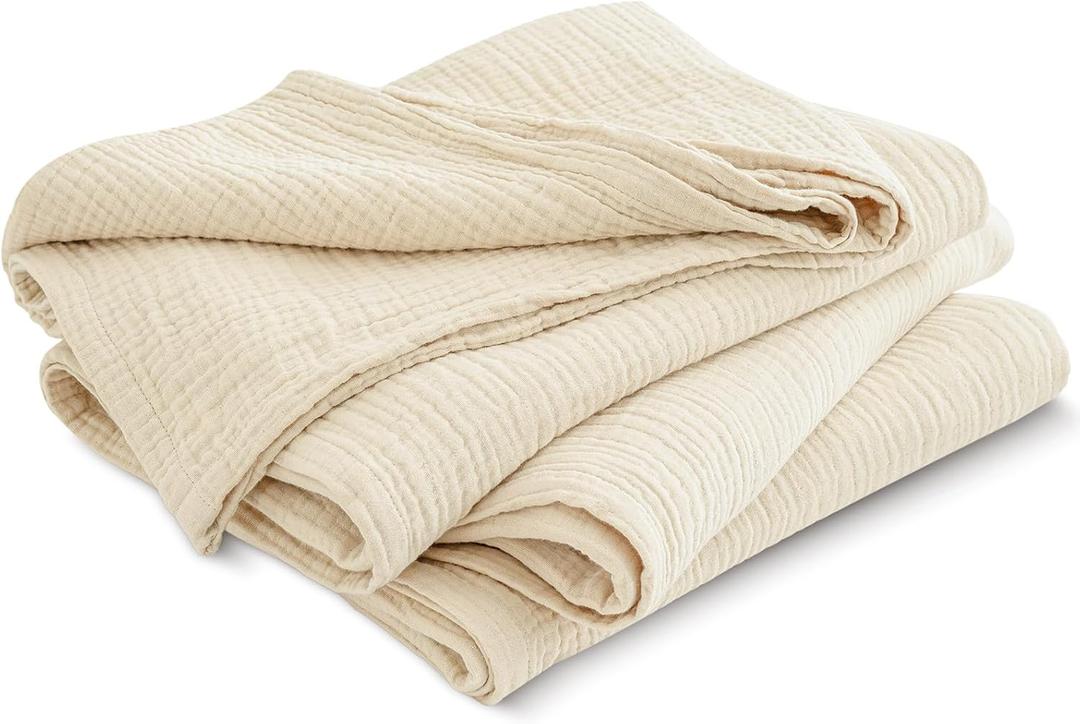 PHF 100% Cotton Muslin Throw Blanket 50" x 60", 4-Layer Lightweight and Breathable Blanket for Summer, Luxuriously Soft Gauze Throws for Couch, Natural Minimalism Style, Ideal Gift, Beige/Short Bread