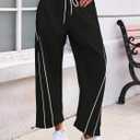Fisoew Womens Baggy Wide Leg Pants Casual Elastic Waist Drawstring Hiking Workout Cropped Track Pants with Pockets Black (Black, L)