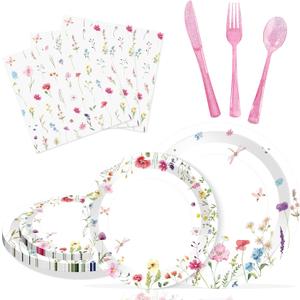 Wildflower Party Decorations,Floral Baby Shower Birthday Tableware Decorations, Wildflower Plates and Napkins for Summer Picnic Wedding Tea Party,Serve 25 Guests