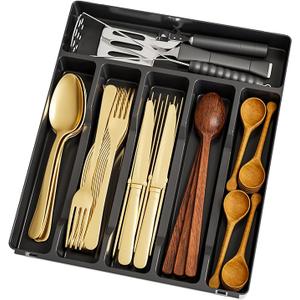 Silverware Organizer for Kitchen Drawers,BPA Free Cutlery Drawer Organizer,6 Slots Plastic Utensils Organizer Suitable as In-Drawer Silverware Holder and Tray,Flatware,Knife,Fork,Spoon Organizer,Black