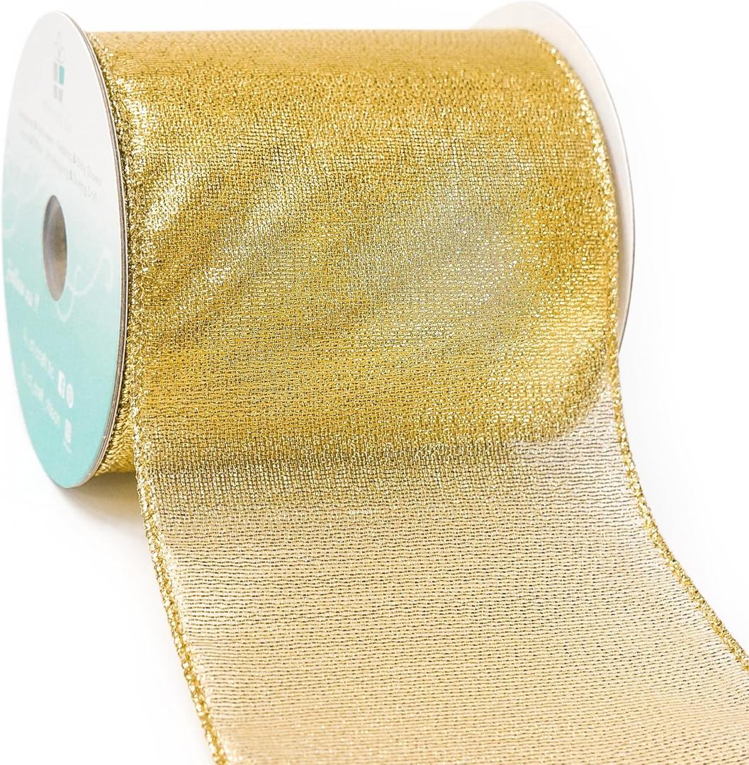 CT CRAFT LLC Gold Metallic Wired Ribbon 4 inch x 10 Yards for Christmas Home Decor Tree Topper Bow Gift Wrapping DIY Crafts Wreath Garland Wedding