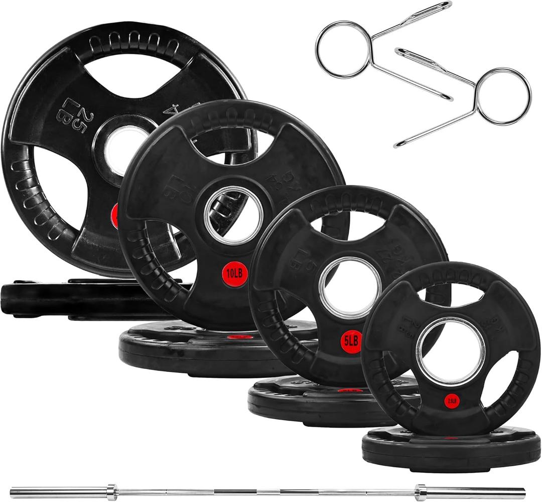 Fitvids Olympic Cast Iron 2-Inch Weight Plates Including 5FT Olympic Barbell Bar & Safely Locks, 100 Pounds Set (85 lbs Plates + 15 lbs Barbell Bar), Multiple Packages