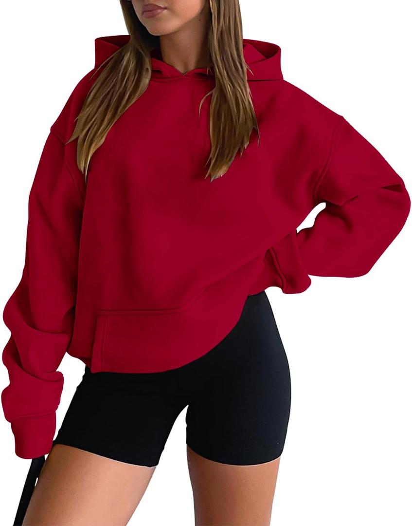 onlypuff Hoodies for Women Red Oversized Sweatshirts Hooded Pullover Casual Workout Soft Fall Fashion Outfits Winter Clothes S