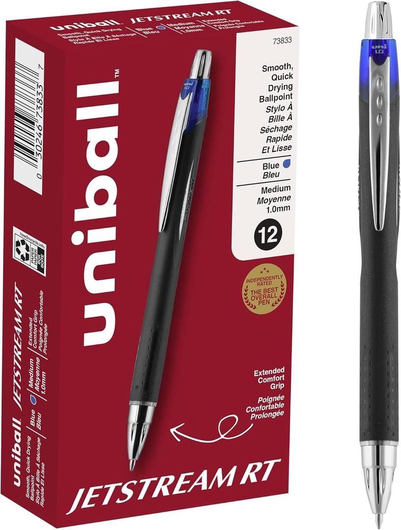 uniball Jetstream RT Retractable Ballpoint Pen, Medium Point (1.0mm), Blue, 12 Pack