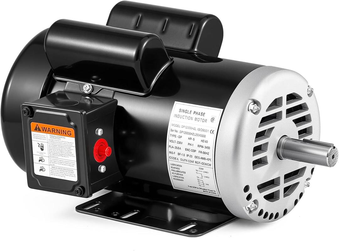 Bonvoisin 5HP Air Compressor Motor 56HZ Frame 3450RPM Single Phase Electric Motor, 7/8" Keyed Shaft, 2.25" Shaft Length, CCW/CW Rotation, 230V, 25 Amps