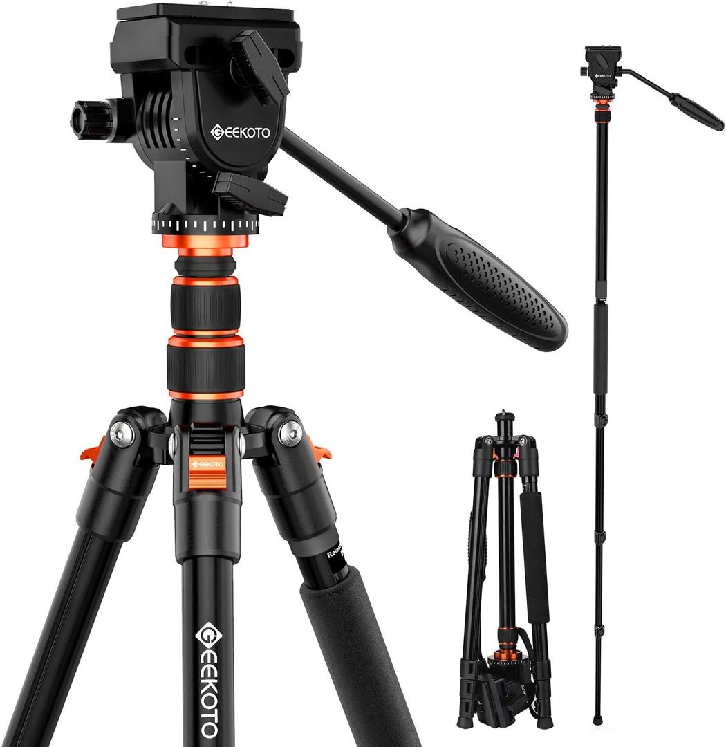 GEEKOTO Video Tripod Fluid Head,Professional Camera Tripod for DSLR,Monopod Aluminum 77" for Video Camcorder Canon Nikon Sony with 1/4" Screws Fluid Drag Pan Head,Load Capacity up to 20 Pounds