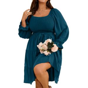 RWJ Womens Plus Size Fall Dress Long Sleeve Smocked Square Neck A-Line Wedding Guest Party Mini Dresses with Belt Blue L (Blue, L)