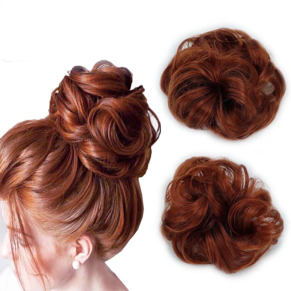 iLUU 2pcs Copper Red Messy Hair Bun Extensions Orange Red Synthetic Hair Scrunchie Scrunchy Updo Chignons Fire Color Hairpiece for Women Girl Lady Party Cosplay (#350)