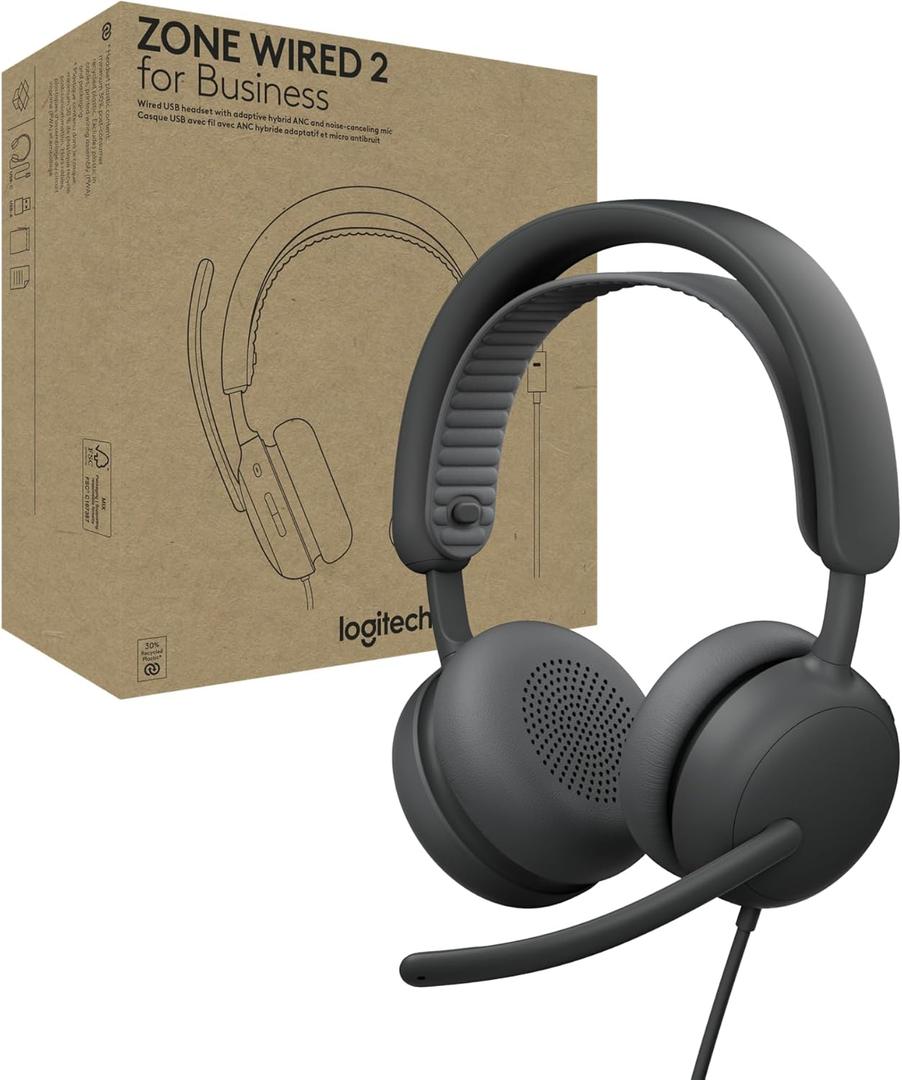 Logitech Zone Wired 2 for Business - Noise-Canceling Headset with Adaptive Hybrid ANC, Microsoft Teams Certified, USB-C with USB-A Adapter - Graphite