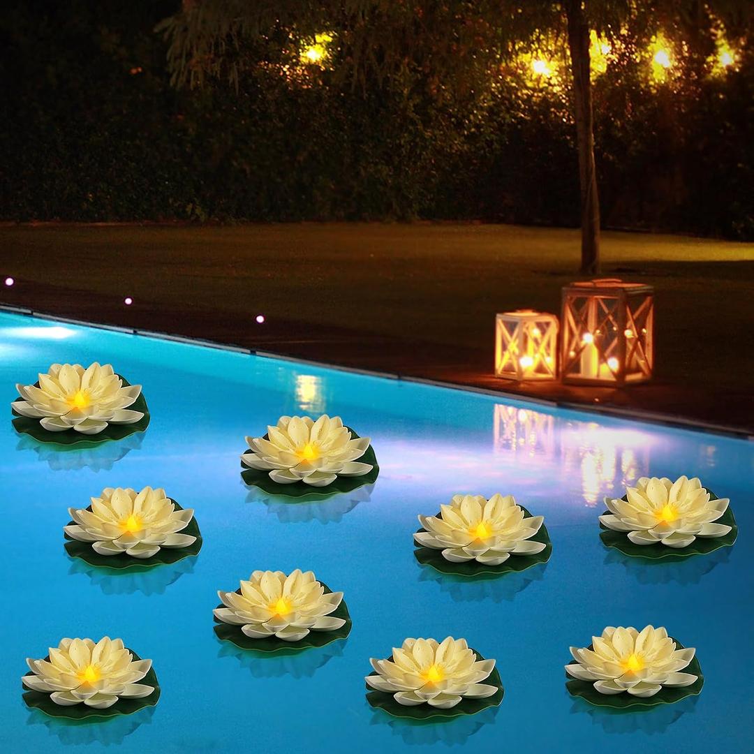 LACGO 24 PCS Water Activated Floating Lights - 6'' Waterproof Floating Lotus Light Battery Operated Artificial Floating Flowers for Pool Wedding Anniversary Garden Decoration(6 Inch, White)