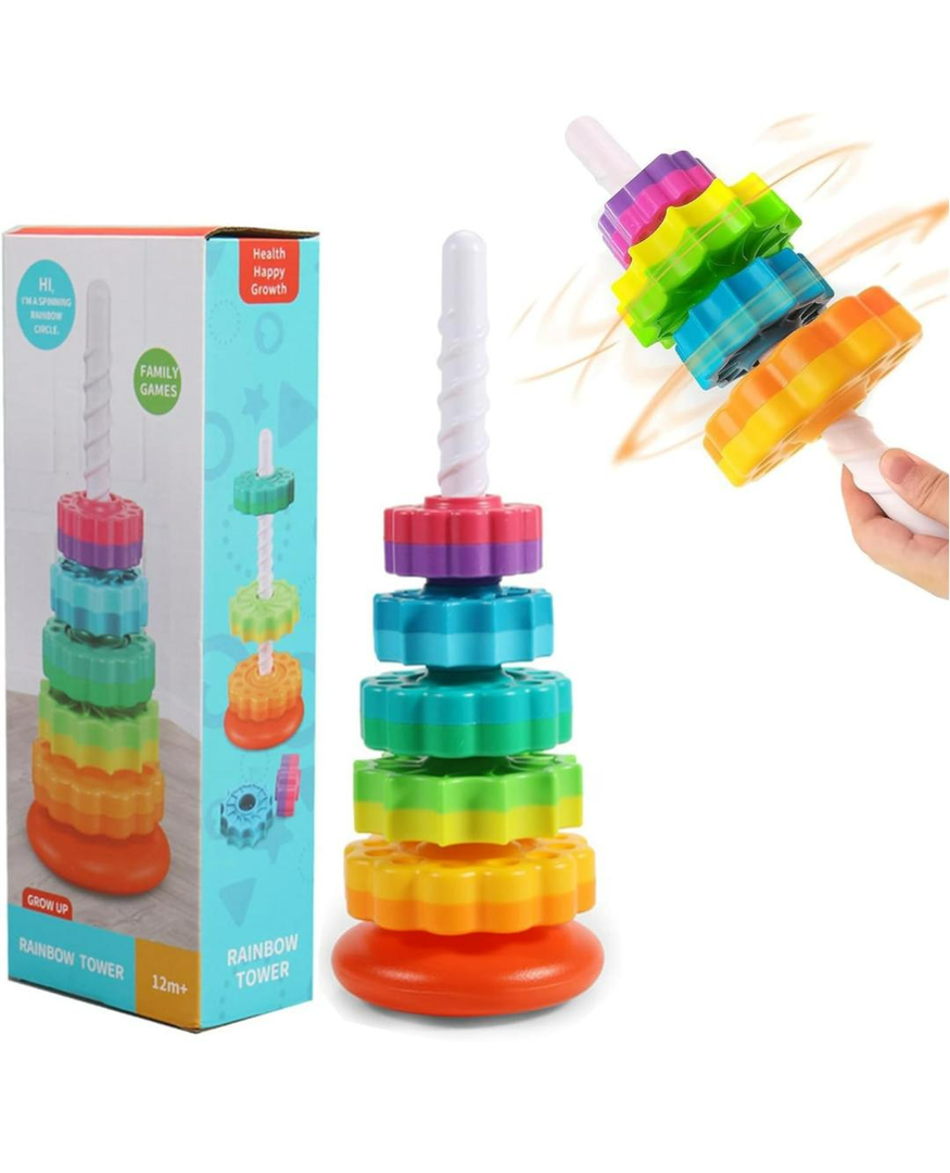 Baby Spinning Stacking Toys, Spin ABS Plastic and Color Rainbow Design Ring Stacker Baby Toys 6 to 12 Months Montessori Educational Learning Autism Sensory Toys for Boys and Girls Baby