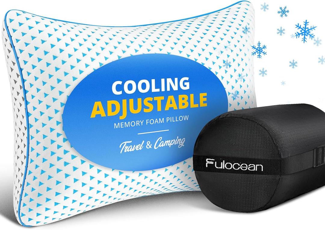 Small Cooling Memory Foam Travel Pillows for Airplanes Sleeping, Compressible Camping Pillow, Mini Adjustable Shredded Foam Bed Pillow for Medium Firm Neck Knee Lumbar Support, Ideal Car, Backpacking (S - 16 x 12 Inch, White & Light Blue)