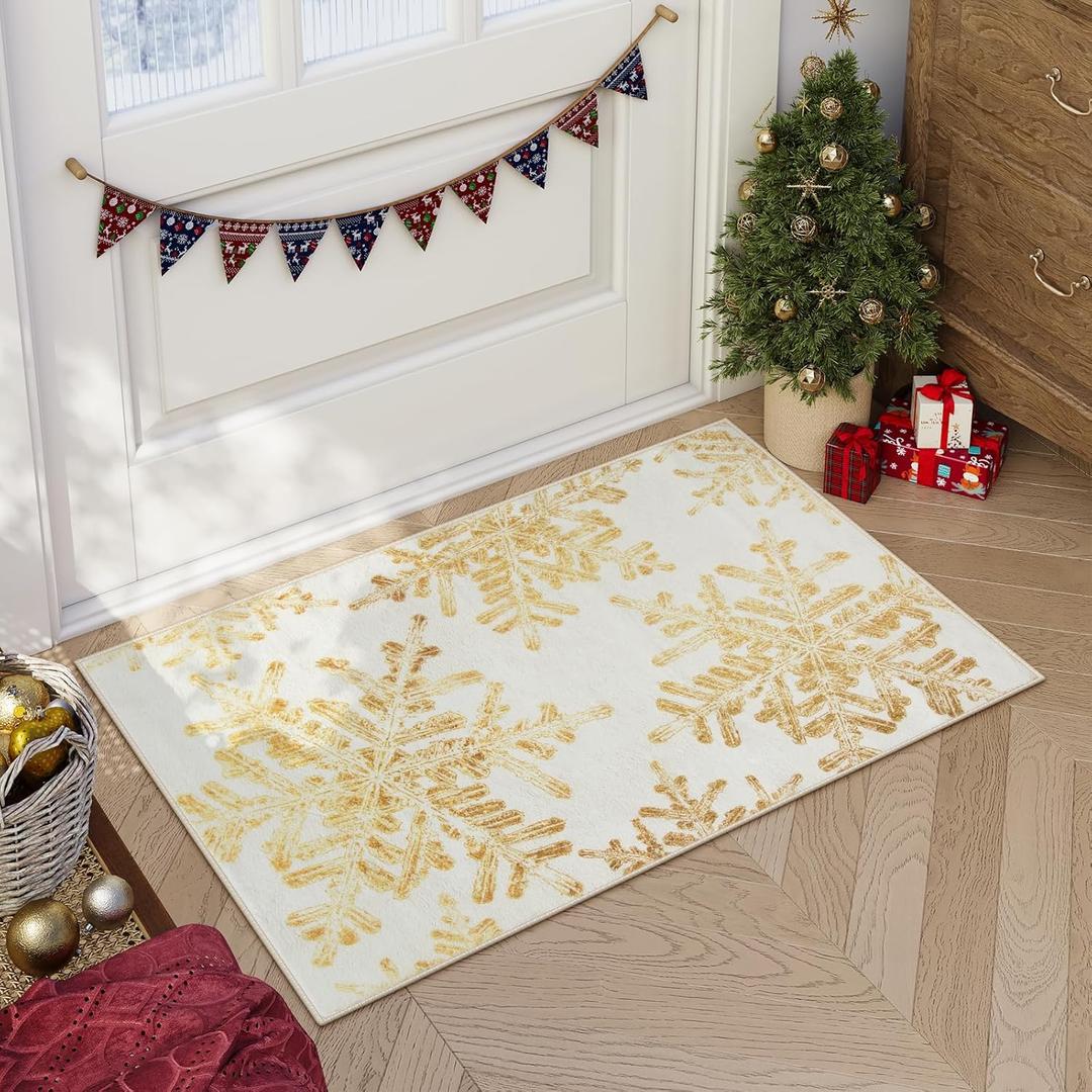 Lahome Snowflake Christmas Rugs for Entryway, 2x3 Christmas Kitchen Rugs Non Slip Merry Christmas Door Mat Indoor, Washable Small Rug Holiday Decor Carpet for Bathroom Entry Bedroom (2x3ft,Gold)