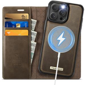 Wallet Case for iPhone 13 Pro Compatible with Magsafe, 2-in-1 PU Leather Flip RFID Blocking Card Holder Stand Shockproof Magnetic Detachable Cover for iPhone 13 Pro Case 6.1", Brown