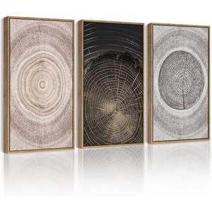PHOPAGO Vintage Wood Tree Rings Wall Art 16x24in Farmhouse Rustic Framed Canvas Paintings Living Room Bedroom Decor Nature Artwork Natural Framed