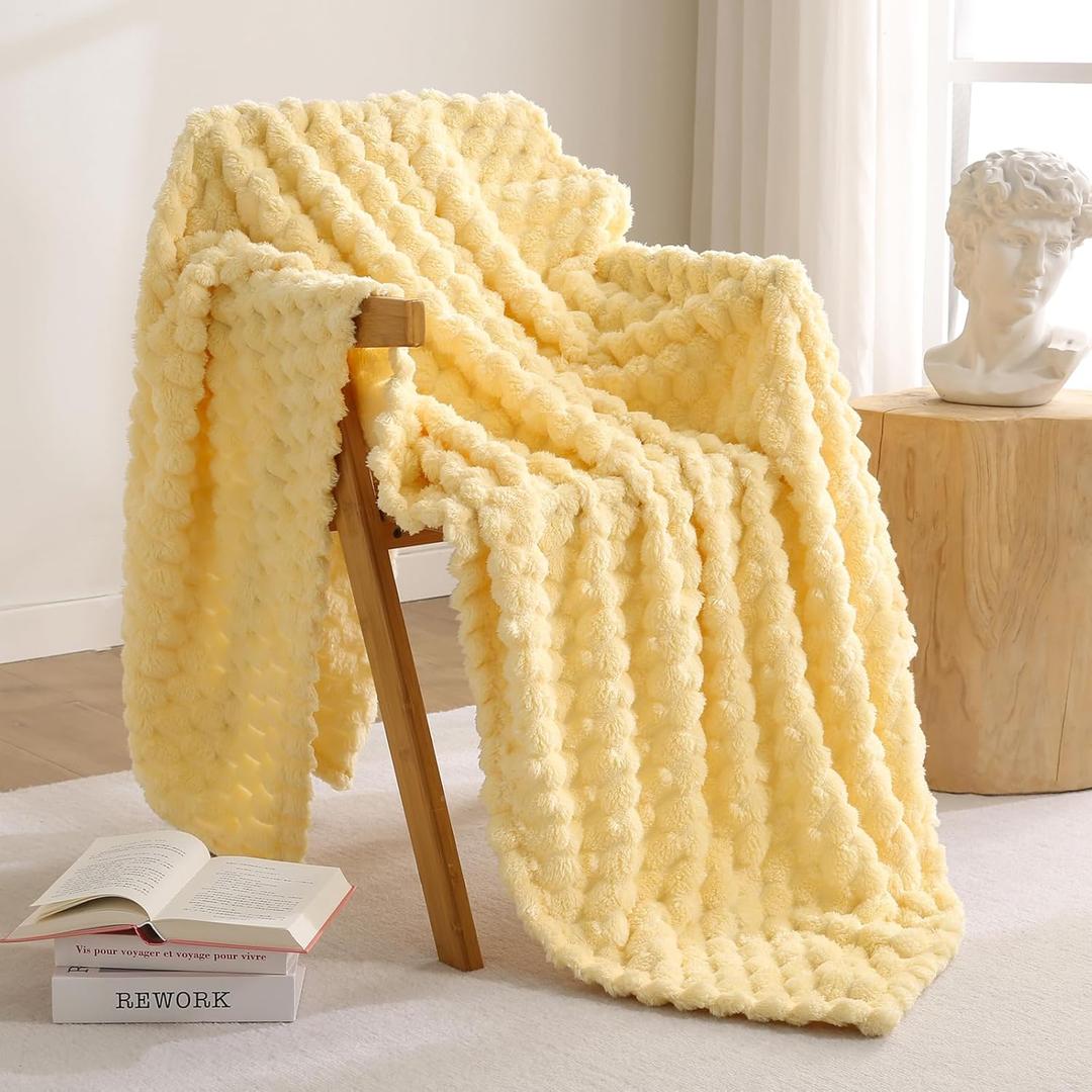 Excervent Flannel Fleece Throw Blanket(50x70 inches), Big 3D Clouds Stylish Hexagon Jacquard Decorative Fuzzy Blankets for Household, Camping, and Travel, Super Soft Cozy, Light Yellow