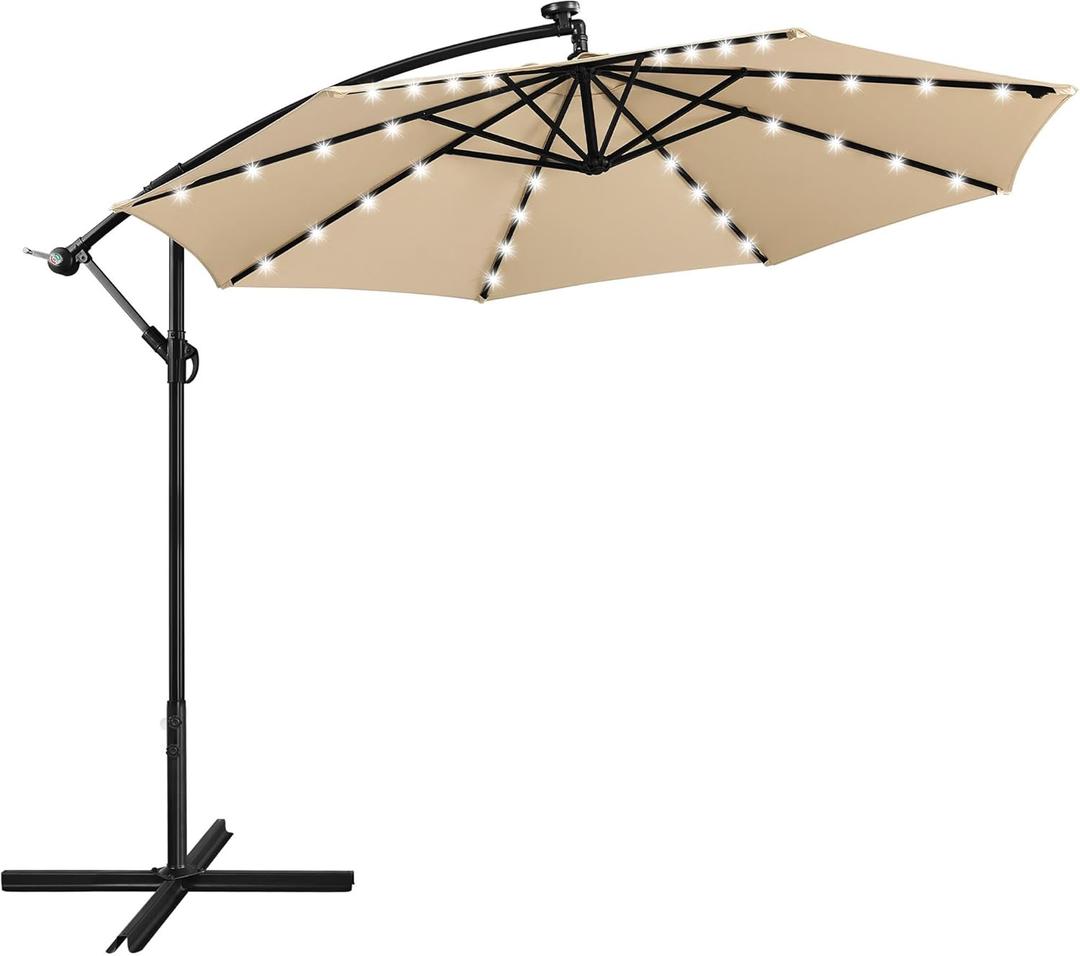 Yaheetech 10FT Solar Offset Umbrella with 32 LED Lights Cantilever Hanging Outdoor Umbrellas Handy Crank & Cross Base for Lawn/Deck/Backyard/Pool Tan