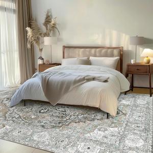 Area Rugs for Living Room - 8x10 Area Rugs, Machine Washable Rugs 8x10, Non-Slip, Stain Resistant Soft Boho Vintage Large Carpet Low Pile Thin Rugs for Living Room Bedroom (Gray/Mint Green)